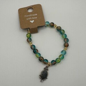 Handcrafted Beaded Bracelet with Pendant - Teal and Brown